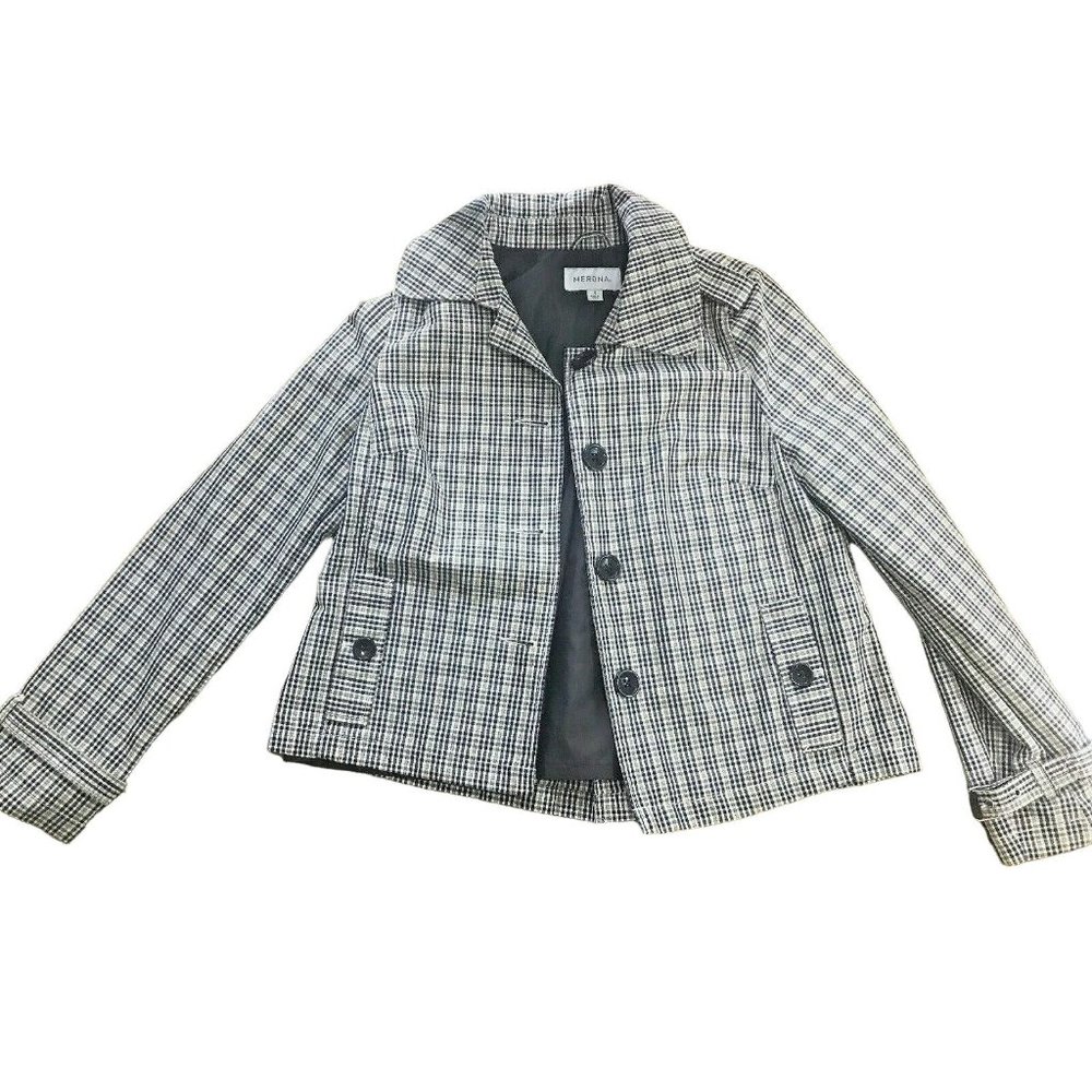 Merona Blazer Jacket Coat SZ S Small Women's Plaid Green Black Long Belt Sleeve